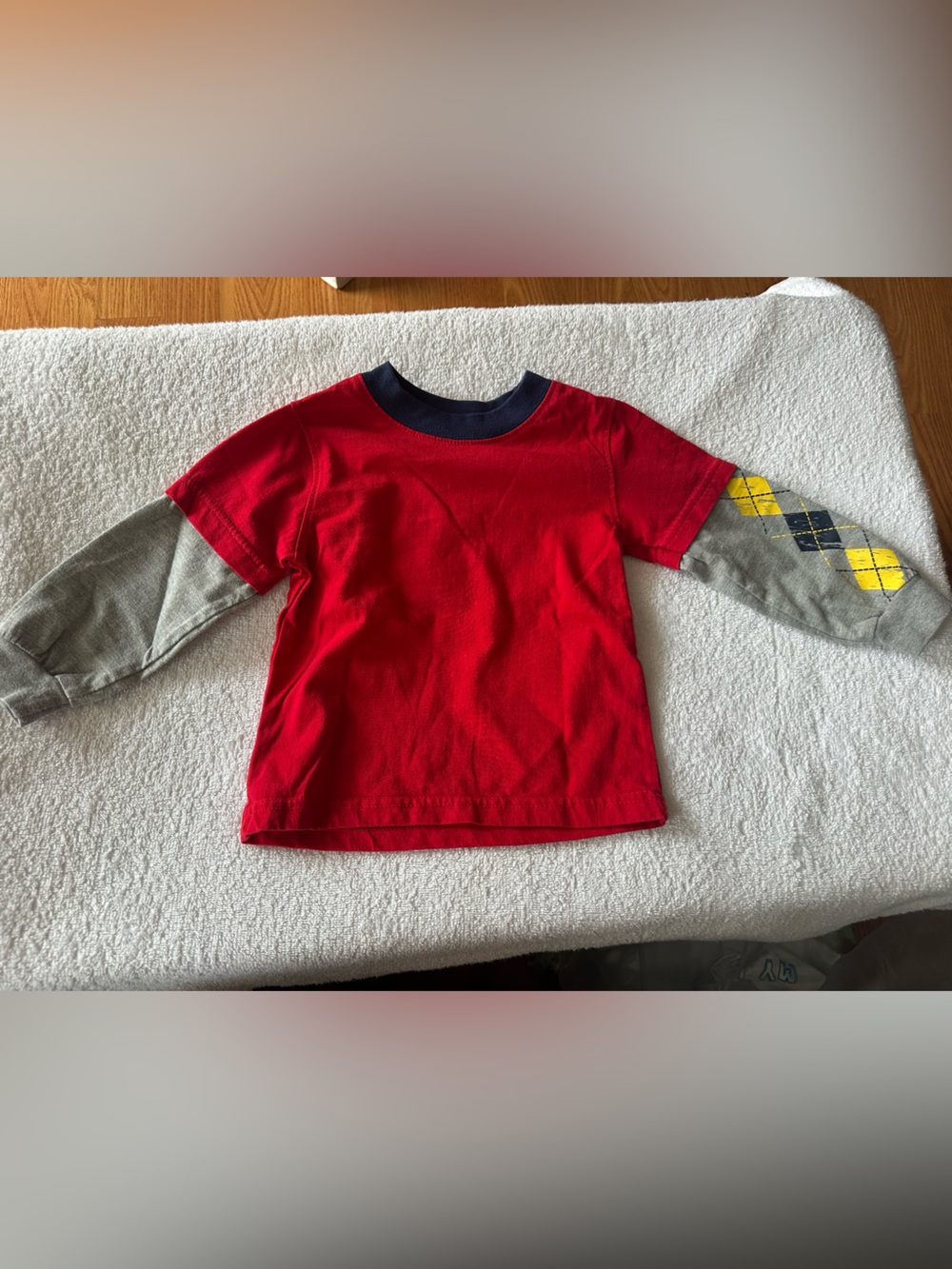 Disney Red Long Sleeve Tee with Gray Argyle Sleeves and Navy Neckline